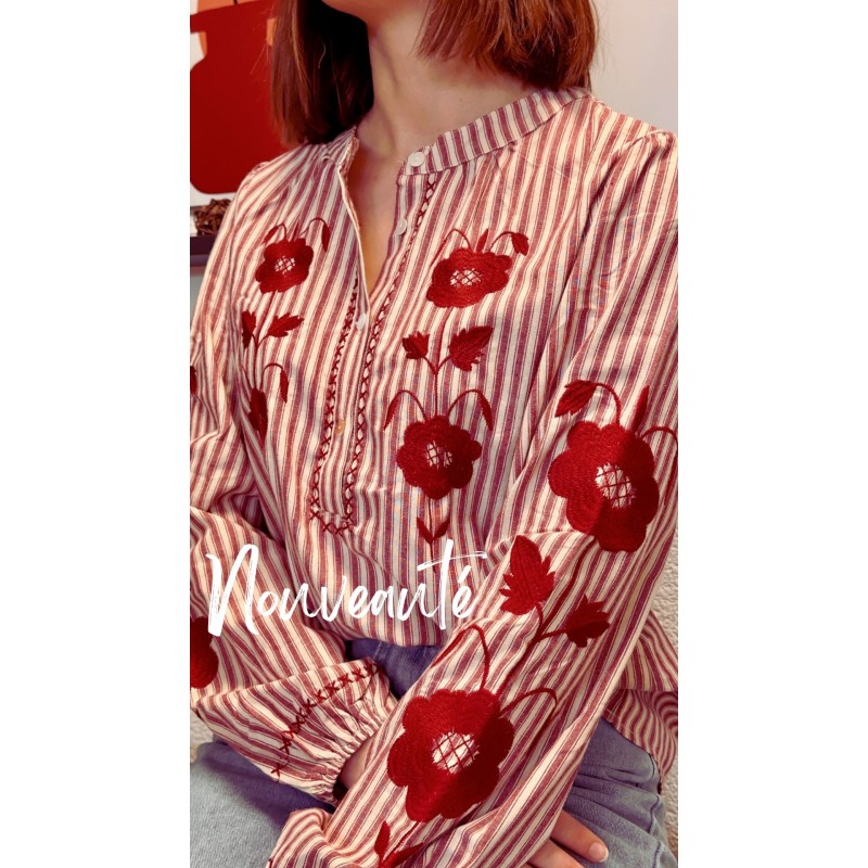 CHEMISE RAYEE BRODEEBORDEAUX-M/L